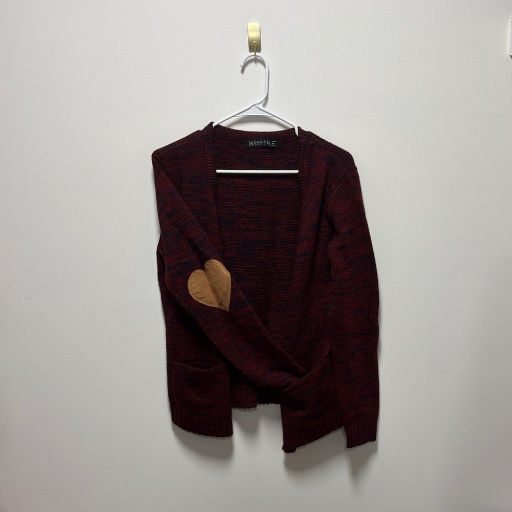 Stylish Burgundy Cardigan with Tan Elbow Patch